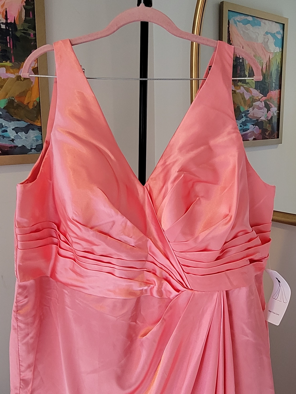NWT WEAR YOUR LOVE Coral Satin Corseted Formal Gown High Slit Size 22 - Picture 3 of 16